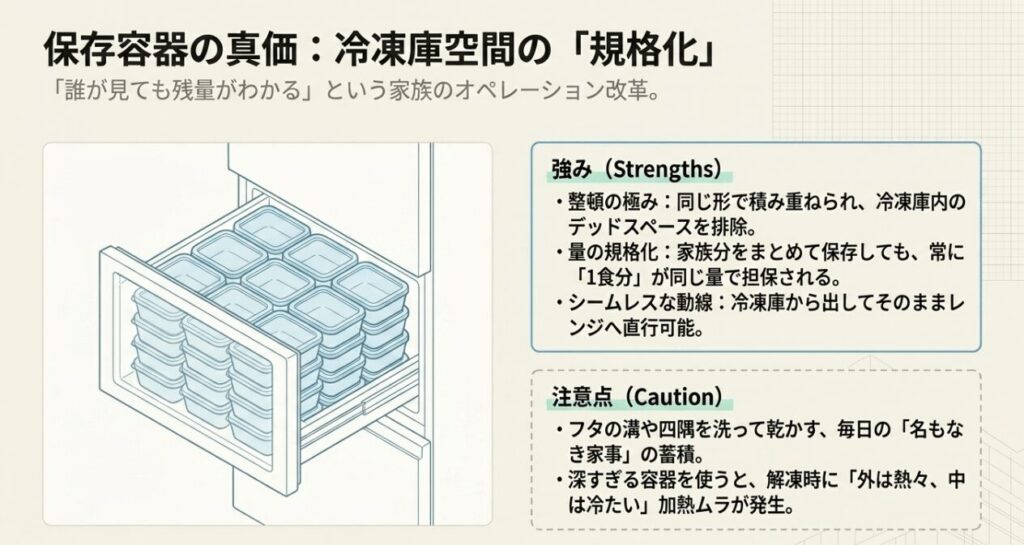 同じ形の保存容器を重ねて冷凍庫を整えるイメージ図