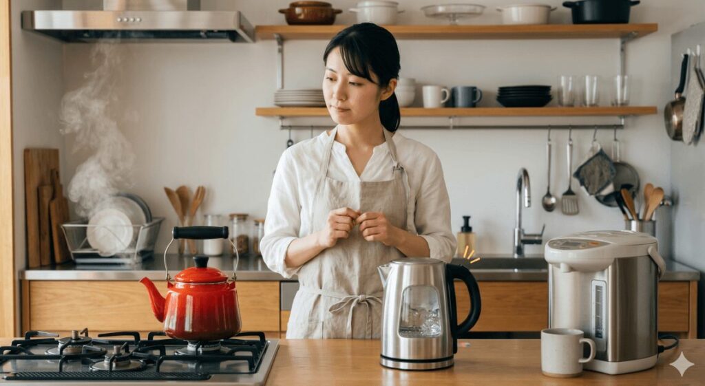 清潔な日本のキッチンで、沸騰している赤いホーローのやかん、ガラス製の電気ケトル、ステンレスの電気ジャーポットを前に、エプロン姿の女性が思案している写真。お湯が沸いている様子。