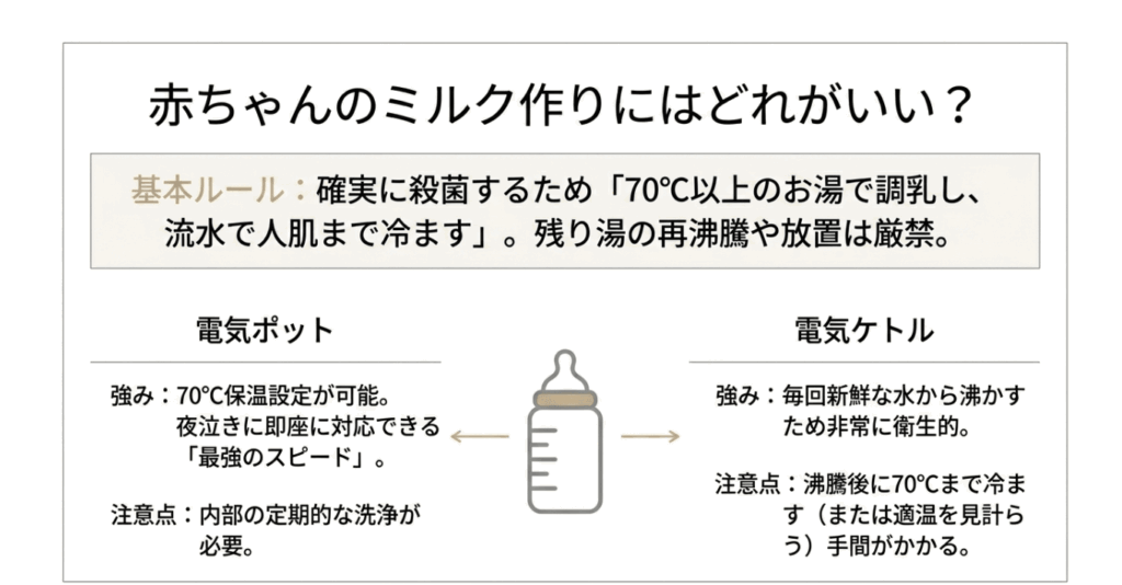 赤ちゃんのミルク作りに、スピード重視なら「電気ポット」、衛生重視なら「電気ケトル」が良いことを比較解説したスライド。