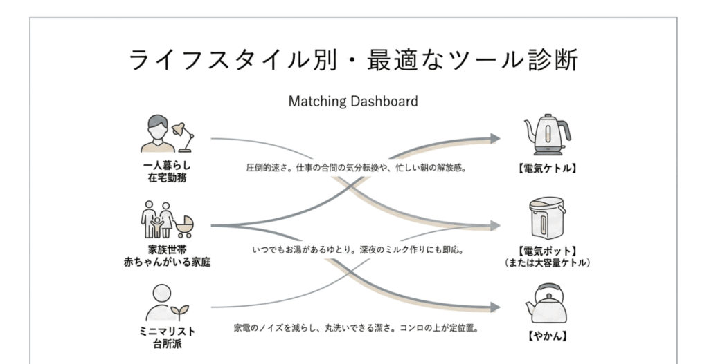 一人暮らし、家族世帯、ミニマリストなど、ライフスタイル別に最適な湯沸かしツールをマップ化した診断図。