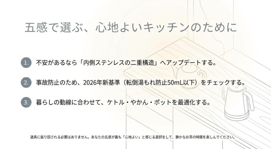 心地よいキッチンのために、素材・安全基準・動線の3点から道具を最適化することを推奨する記事の要約スライド。