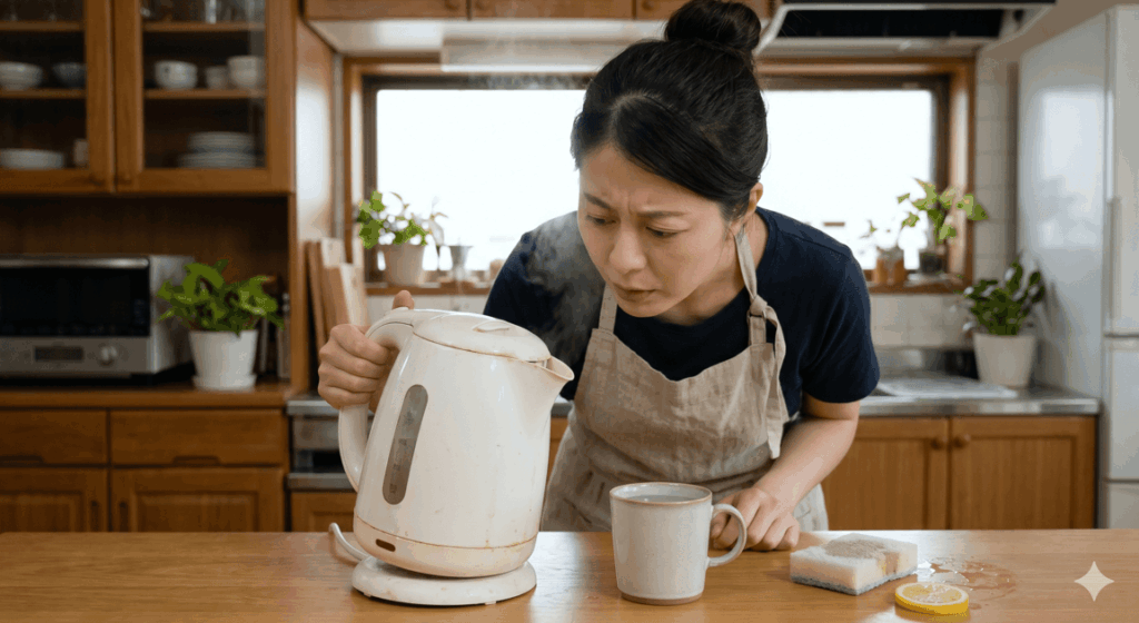 活感のある日本のキッチンで、髪をまとめたエプロン姿の女性が、古く汚れたプラスチック製電気ケトルの内部を、心配そうな表情で覗き込んでいる写真。水垢や樹脂の劣化を懸念している様子。