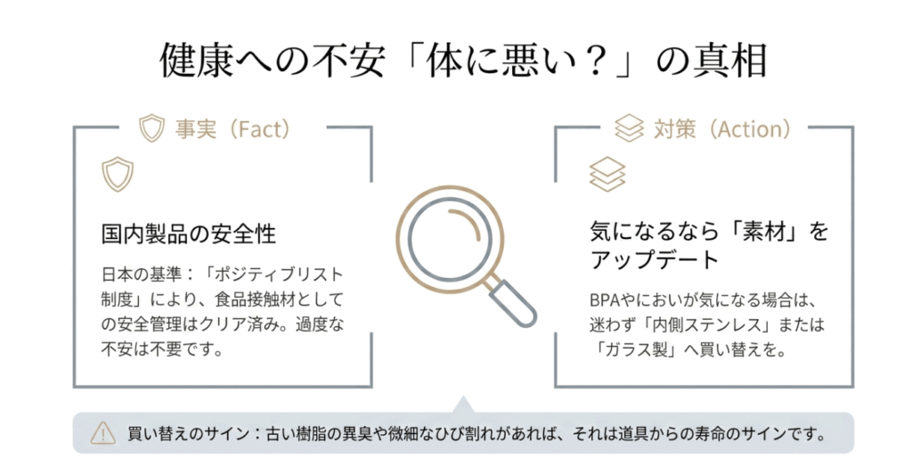国内製品の安全基準(ポジティブリスト制度)の解説と、においが気になる場合のステンレス・ガラス製への買い替えを推奨するスライド。