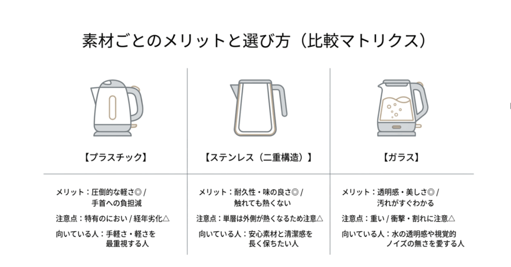 プラスチック、ステンレス(二重構造)、ガラス製の電気ケトルのメリットと注意点、それぞれに向いている人を比較した図解。
