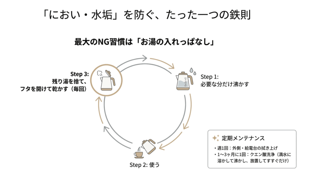 水垢やにおいを防ぐため、残り湯を捨てて乾かす習慣と、定期的なクエン酸洗浄の手順をまとめたお手入れガイド。