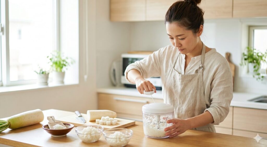 明るいキッチンで女性がぶんぶんチョッパーを使い、大根を刻んで大根おろし風の仕上がりを検証している様子