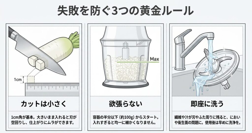 大根を小さく切る、入れすぎない、使ったら洗うという3つの失敗防止ポイントを示す図解
