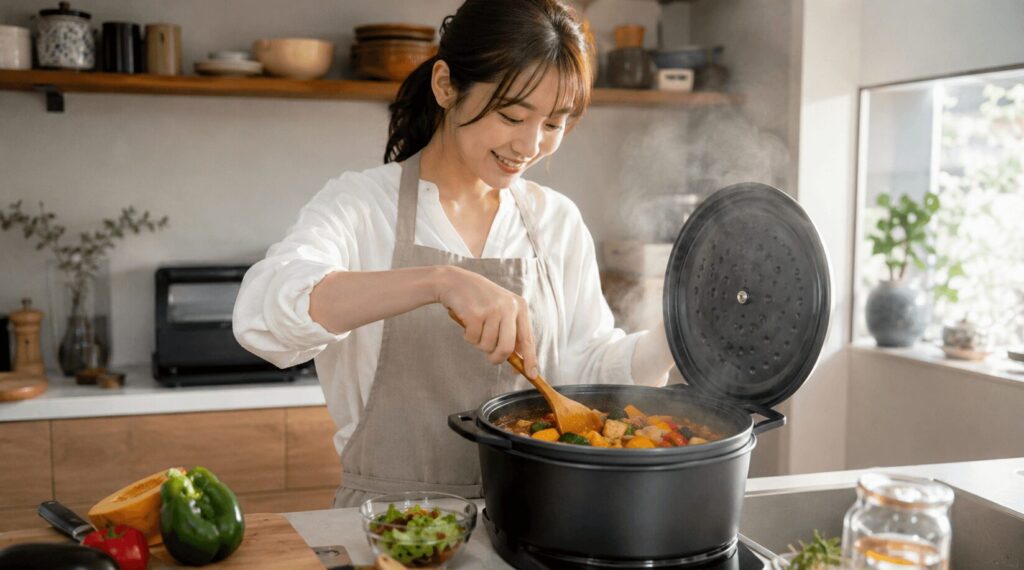 バーミキュラ ライスポットで野菜の無水調理レシピを作るキッチンの様子