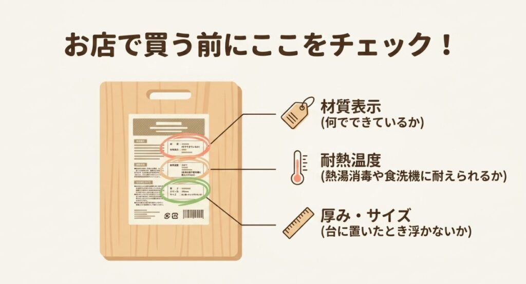 100均まな板を買う前に材質表示、耐熱温度、厚みやサイズを確認するポイントを示した図