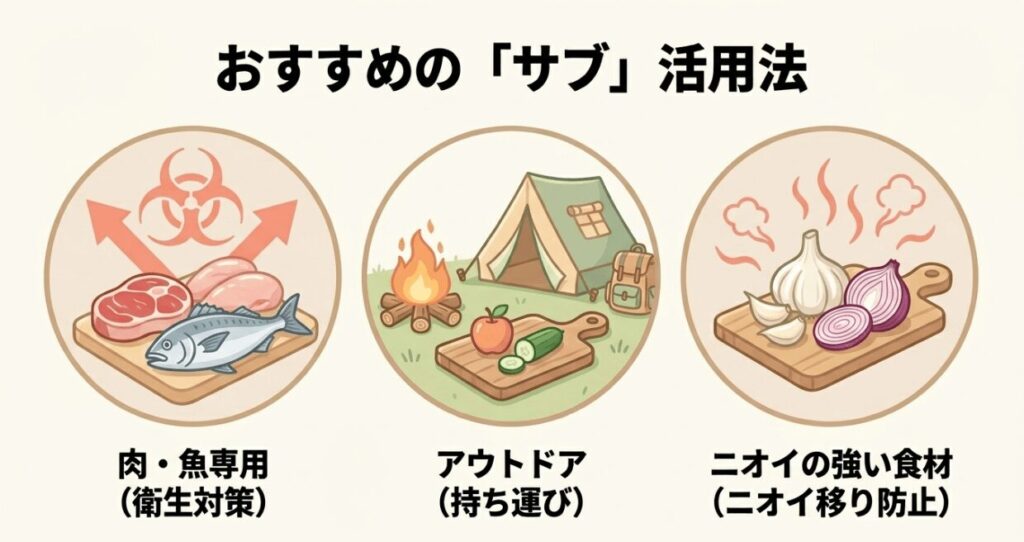 100均まな板を肉や魚専用、アウトドア用、においの強い食材用として使い分ける例を示した図