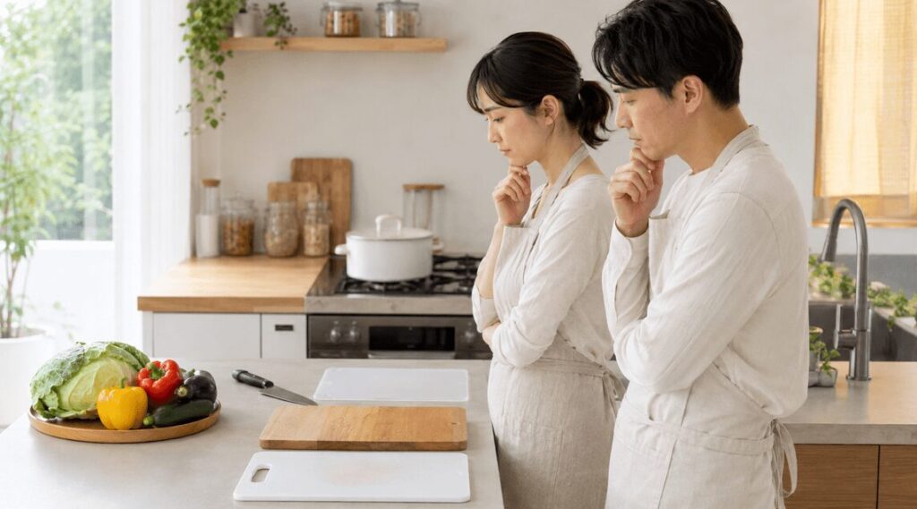 キッチンで日本人夫婦が複数素材のまな板を横から見比べ、安全性や素材ごとの不安を確認している様子