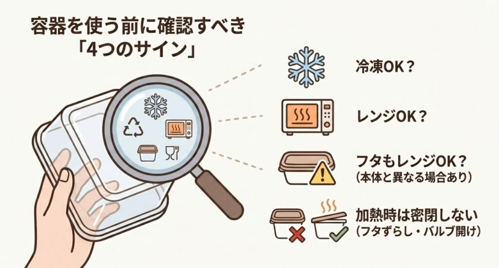 冷凍可、レンジ可、フタのレンジ対応、加熱時に密閉しないことを確認する図