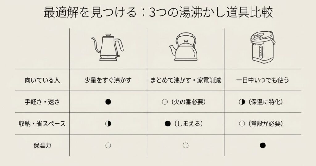 電気ケトル、やかん、電気ポットを手軽さ、収納性、保温力で比較したスライド