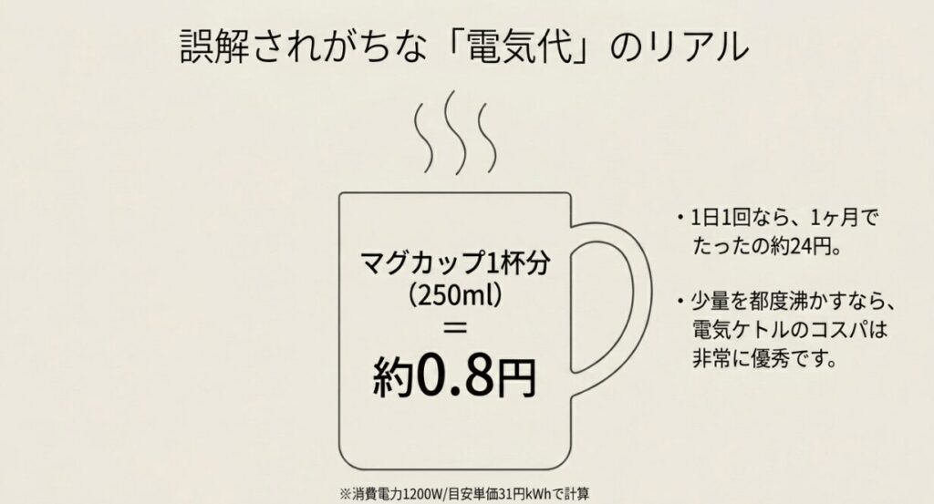 電気ケトルでマグカップ1杯分250mLを沸かした場合の電気代目安が約0.8円であることを示したスライド
