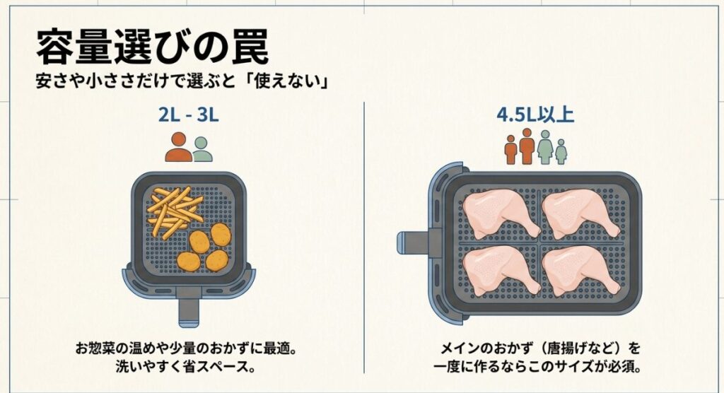 2Lから3Lは少量調理向き、4.5L以上は家族分のメインおかず向きであることを示す容量比較図