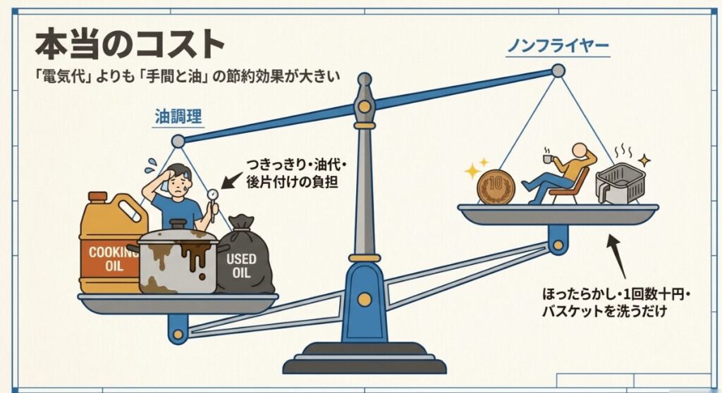 油調理の油代や後片付けの負担と、ノンフライヤーの手間削減効果を天秤で比較した図