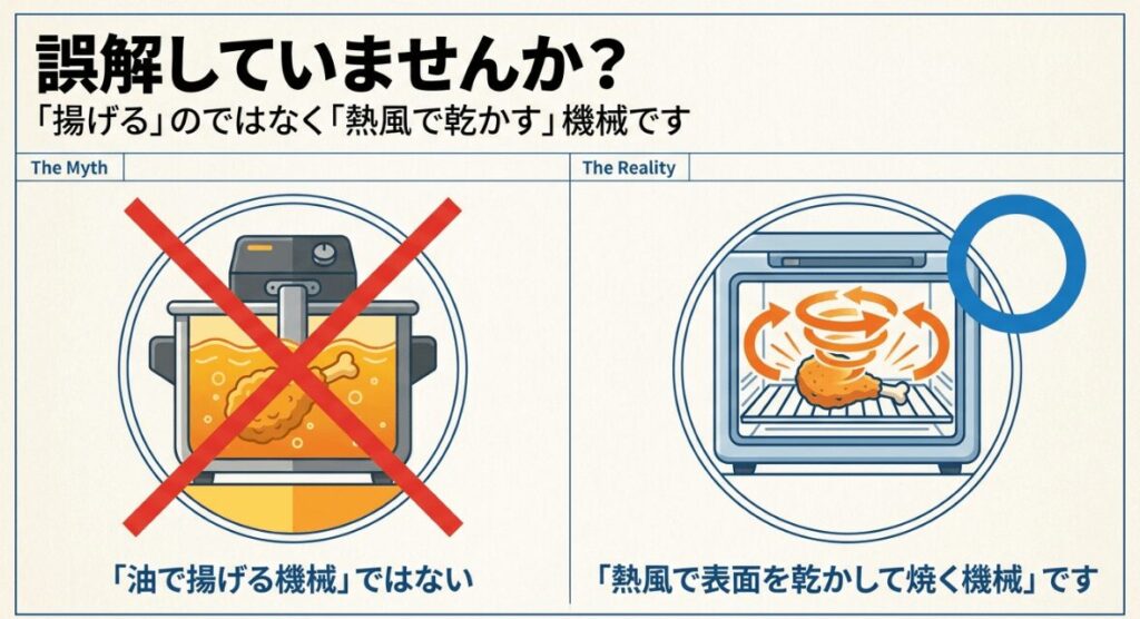 ノンフライヤーが油で揚げる機械ではなく、熱風で表面を乾かして焼く家電であることを示す図