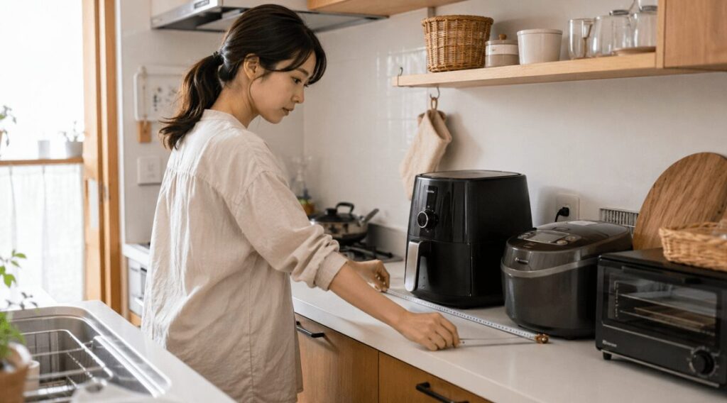 日本のキッチンで女性がノンフライヤーを置くスペースをメジャーで測っている様子