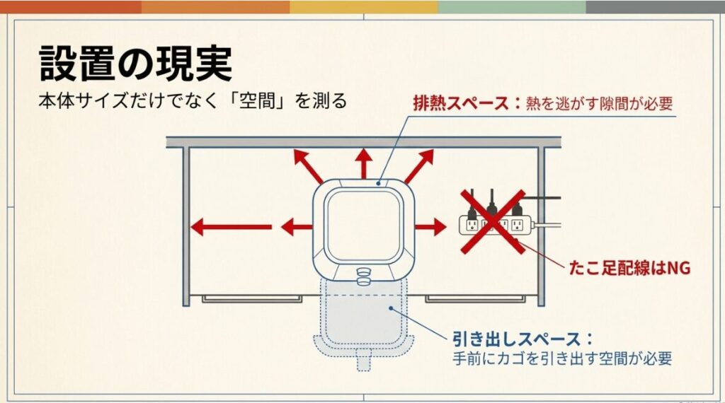 ノンフライヤーの排熱スペース、引き出しスペース、たこ足配線を避ける必要性を示す設置図