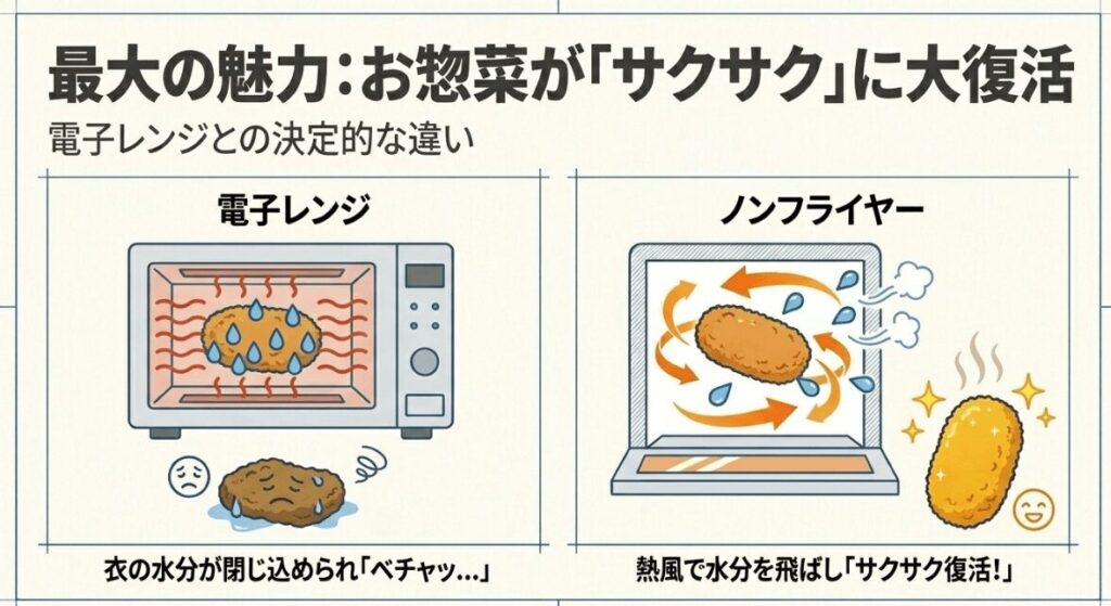電子レンジでは衣がベチャッとしやすく、ノンフライヤーでは熱風で水分を飛ばしてサクサク感を戻しやすいことを示す比較図