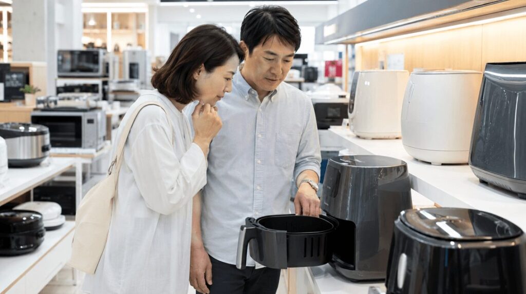 家電量販店で夫婦がノンフライヤーのバスケット容量や使いやすさを確認している様子