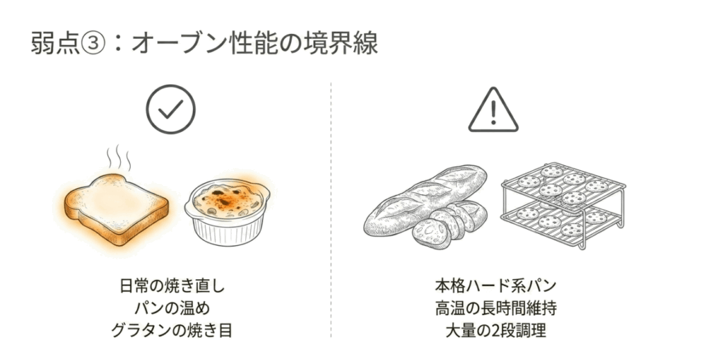 バルミューダのオーブンが日常の焼き直しには向き、本格的なパン作りや大量調理には不向きなことを示す図