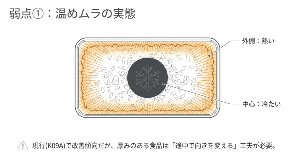 バルミューダのオーブンでごはんの外側は熱く中心が冷たい温めムラが起きるイメージ図