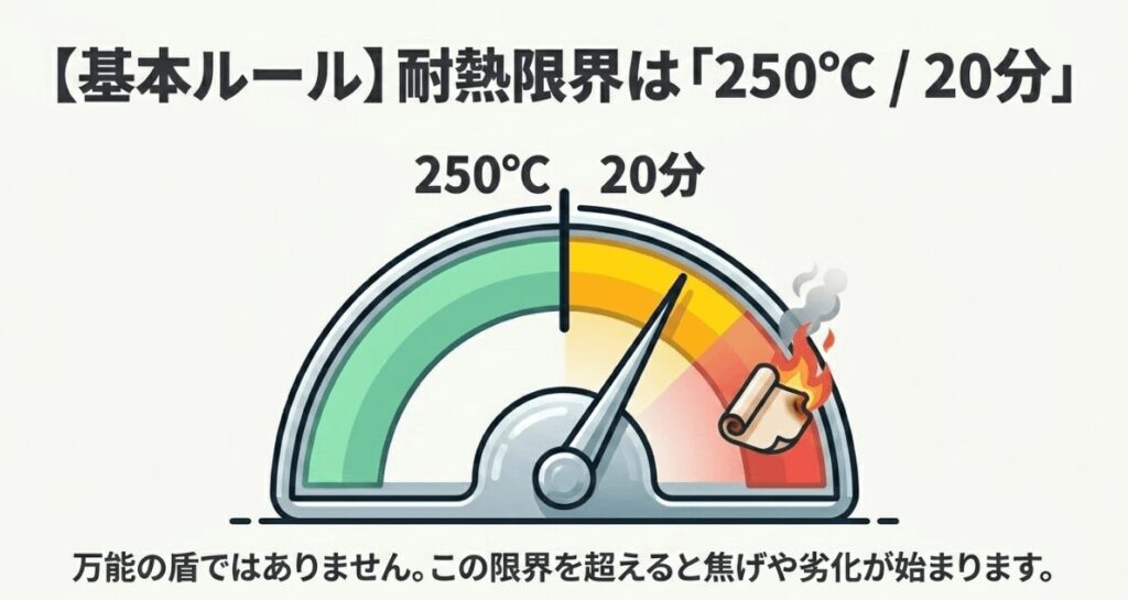 クッキングシートの耐熱限界は250度20分が目安であり、長時間加熱では焦げや劣化に注意が必要なことを示した図