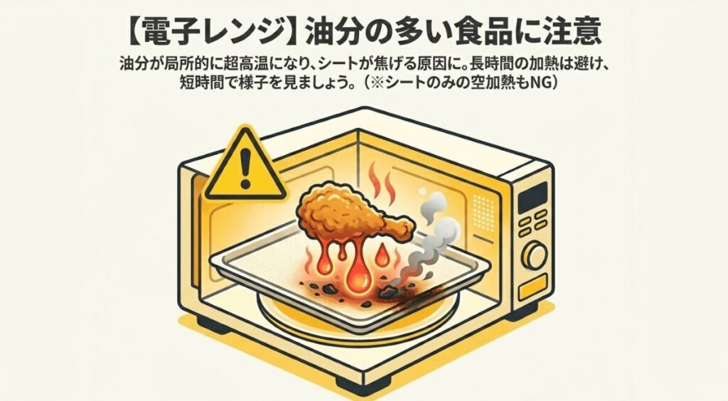 電子レンジで油分の多い食品を加熱すると局所的に高温になり、クッキングシートが焦げる原因になることを示した図