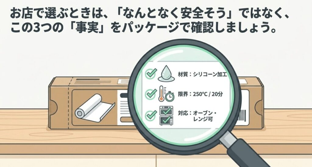 クッキングシートを購入するときに、材質、耐熱温度、対応機器をパッケージで確認する様子を示した図