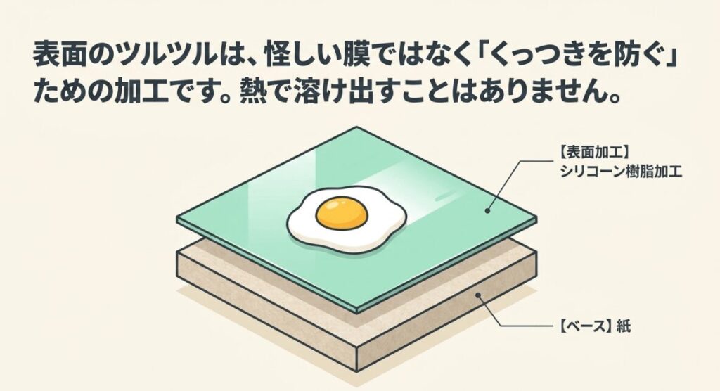 クッキングシートの紙の表面にシリコーン樹脂加工が施され、食材がくっつきにくくなる仕組みを示した図