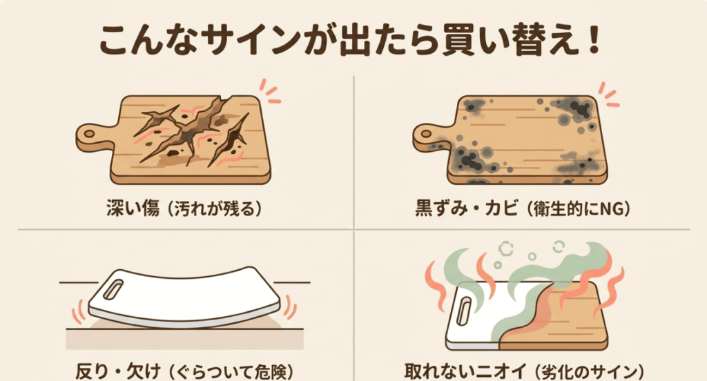 深い傷、黒ずみやカビ、反りや欠け、取れないにおいが出たまな板は買い替えを検討することを示した図