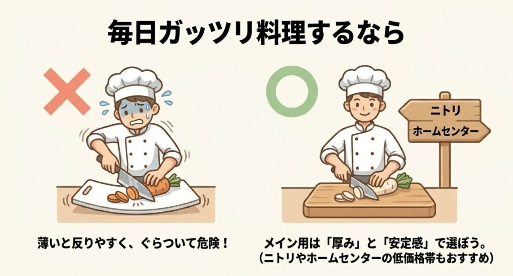毎日しっかり料理する場合は、薄く反りやすいまな板より厚みと安定感のあるまな板を選ぶことを示した図