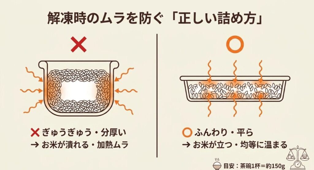 ご飯をぎゅうぎゅう詰めず、ふんわり平らに入れると解凍時のムラを防ぎやすいことを示した図