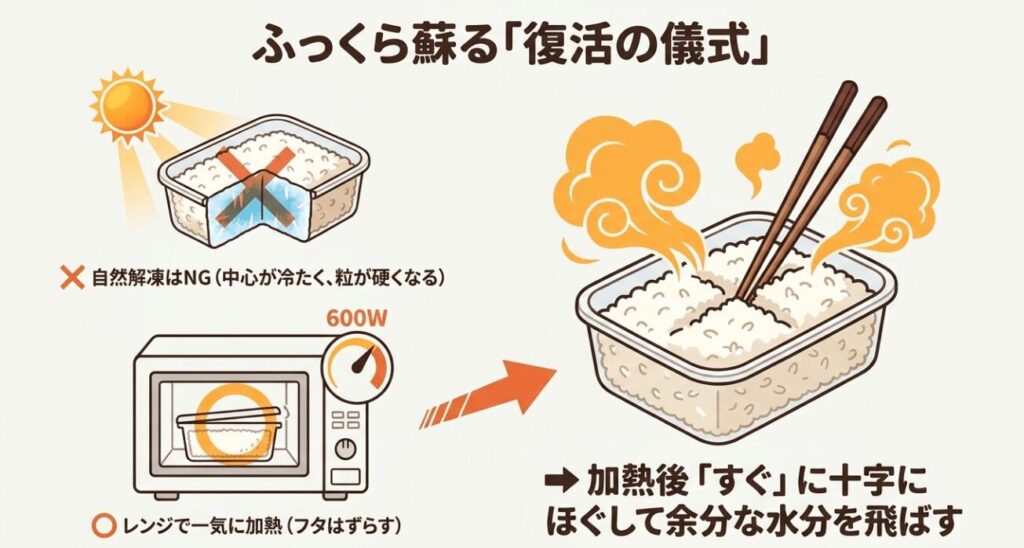 熱いご飯を入れた直後にフタをずらし、蒸気の逃げ道を作る方法を示したスライド