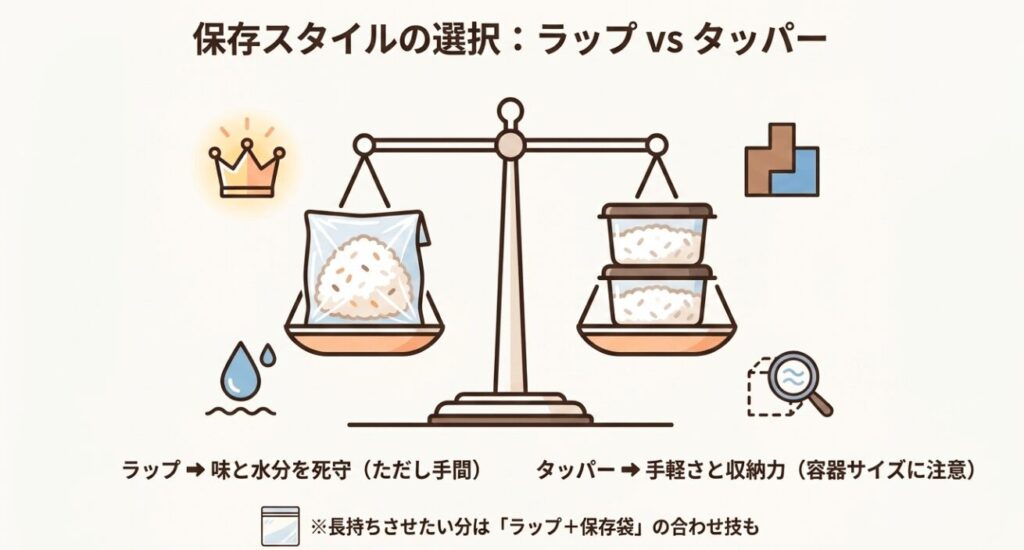 冷凍ご飯をラップで包む場合とタッパーで保存する場合の違いを比較した図
