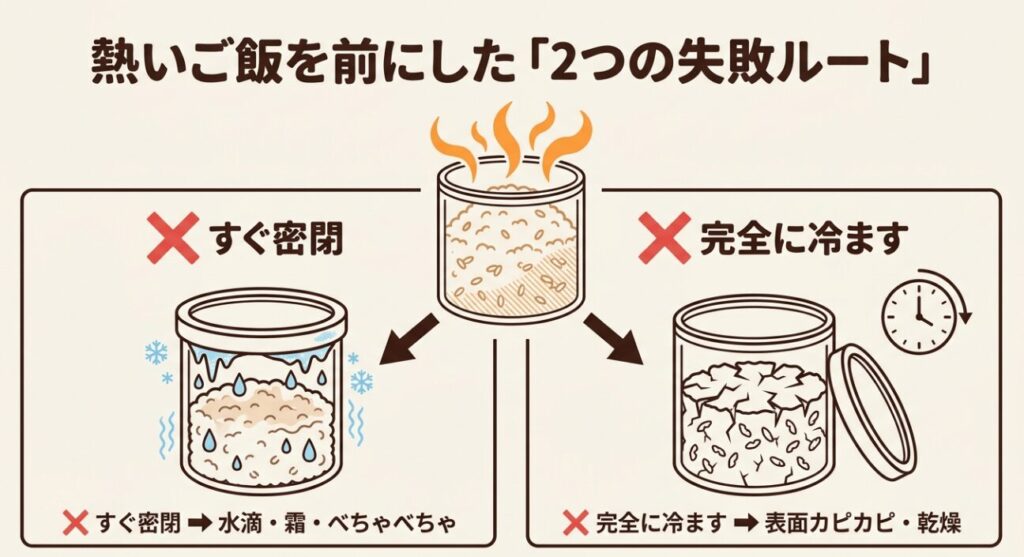 熱いご飯をすぐ密閉すると水滴や霜が増え、完全に冷ますと表面が乾きやすくなることを示した図