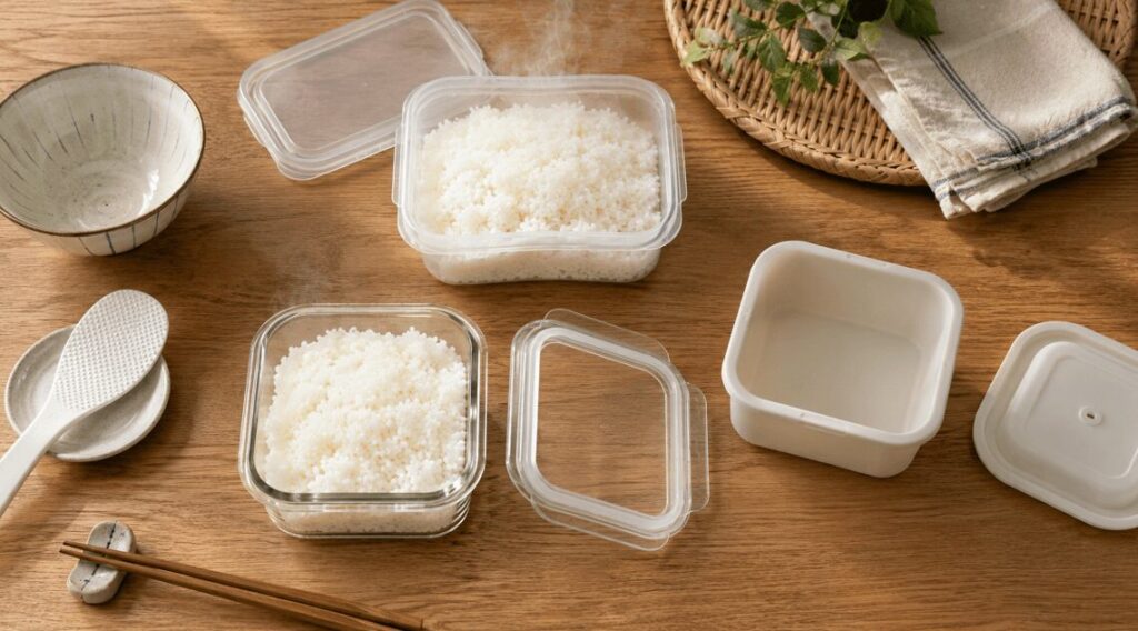 タッパーとガラス容器に炊きたてご飯を分け、フタを少しずらして粗熱を取っている様子