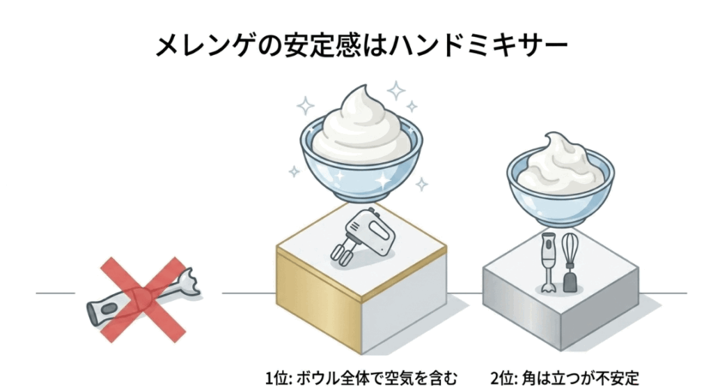 刃付きブレンダーではなく、ハンドミキサーや泡立てアタッチメントがメレンゲ作りに向くことを示した図