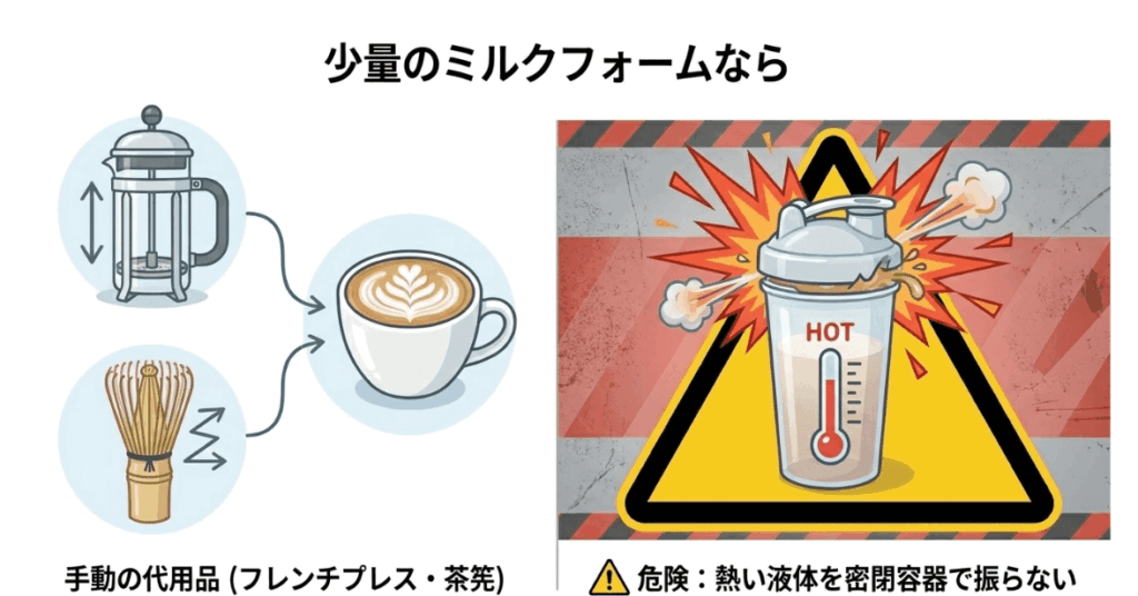 フレンチプレスや茶筅で少量のミルクフォームを作れることと、熱い液体を密閉容器で振る危険性を示した図