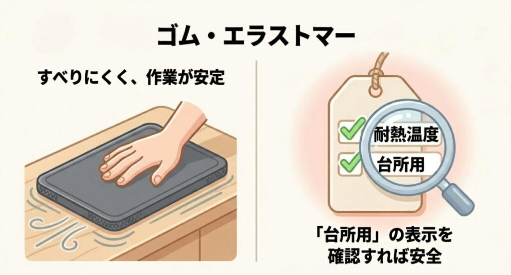 ゴムやエラストマー系まな板はすべりにくさがあり、耐熱温度や台所用表示を確認して選ぶことを示した図