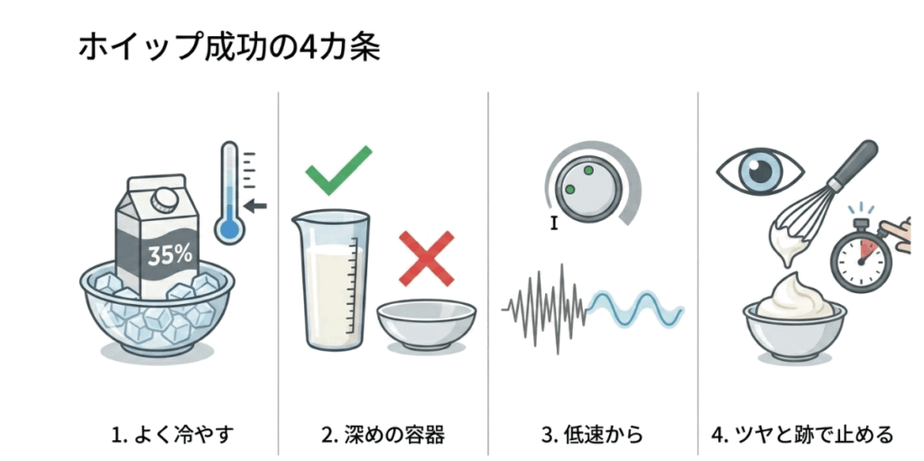 生クリームを冷やす、深めの容器を使う、低速から始める、ツヤと跡で止める流れを示した図