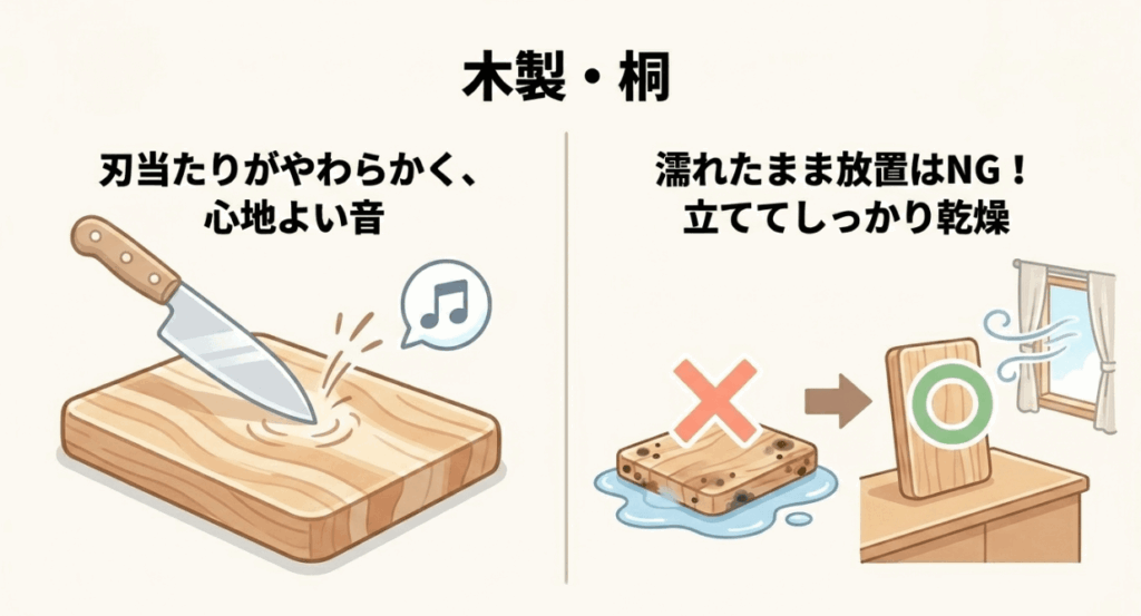 木製や桐まな板は刃当たりがよい一方で、濡れたまま放置せず立てて乾燥させる必要があることを示した図