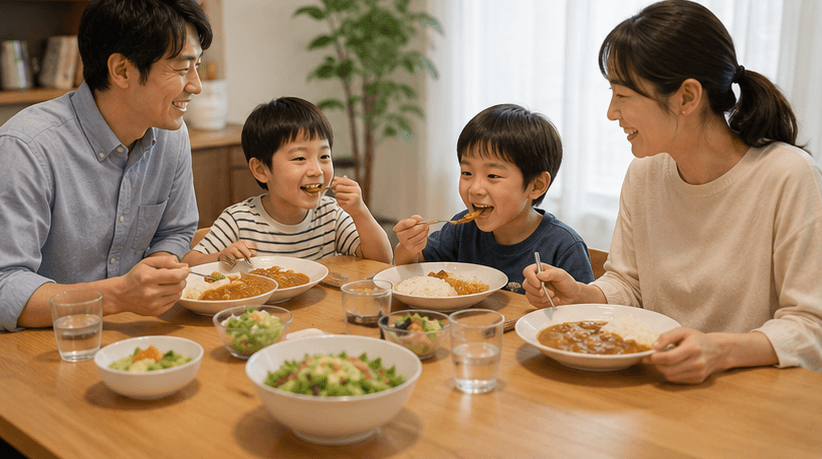 オートクッカービストロで作ったカレーを家族4人で囲み、食事を楽しんでいる様子