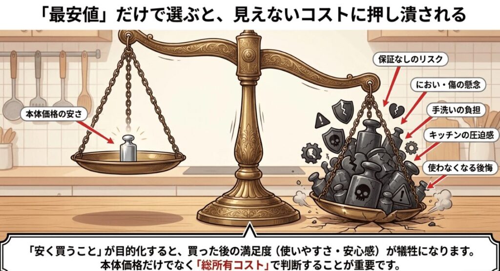 オートクッカービストロの本体価格と保証・手入れ・設置・使わなくなるリスクを天秤で比較した図解