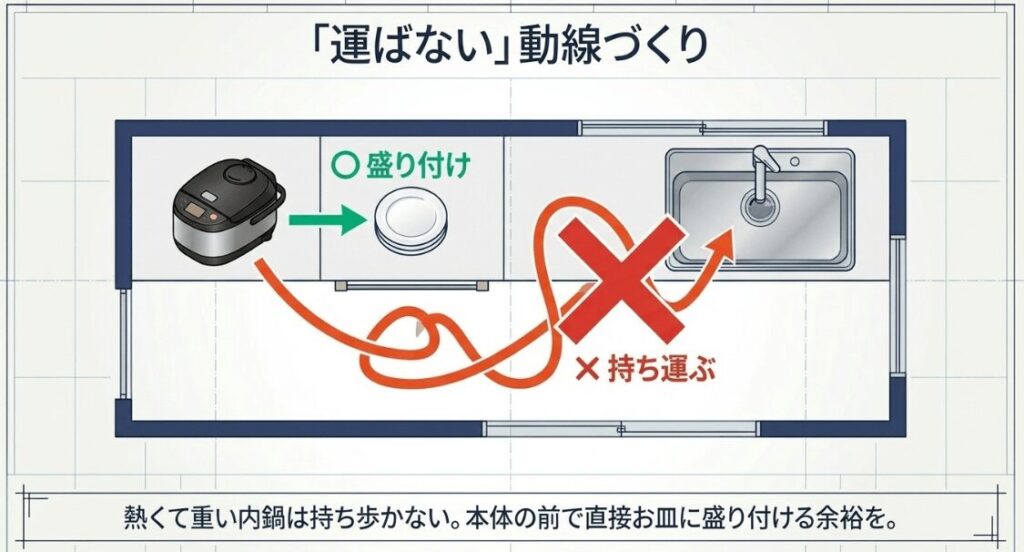 オートクッカービストロ本体の前で料理を皿に盛り付け、熱い内鍋をシンクまで運ばない動線を示した図