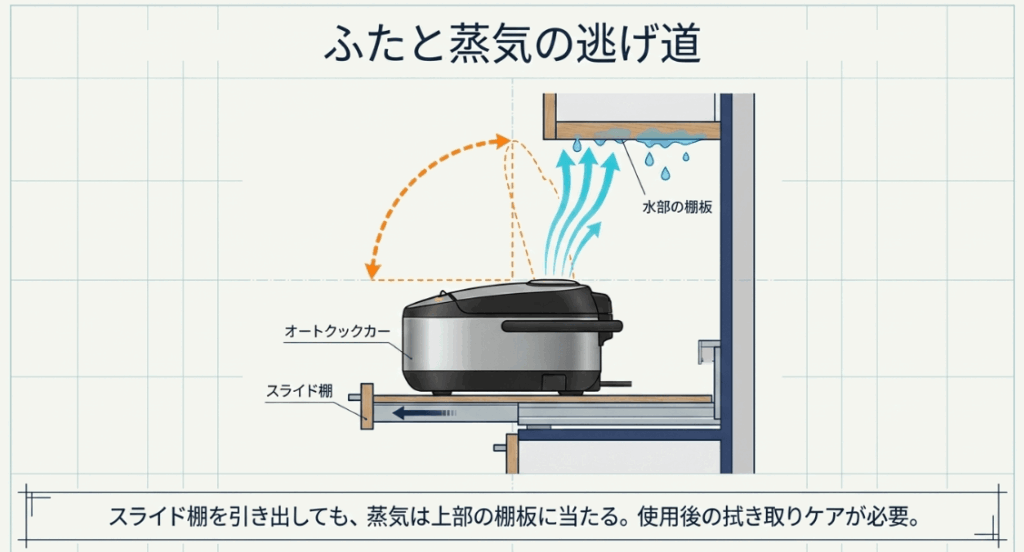 スライド棚を引き出して使用してもオートクッカービストロの蒸気が上部の棚板に当たる様子を示した図