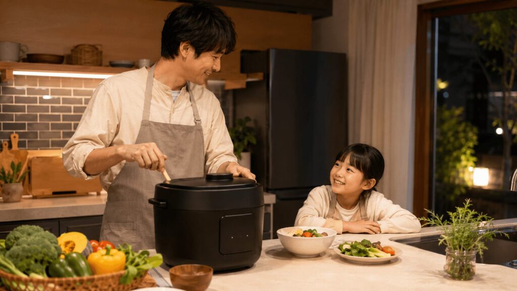 自動調理鍋を活用して子どもと夕食を準備する日本人の父親