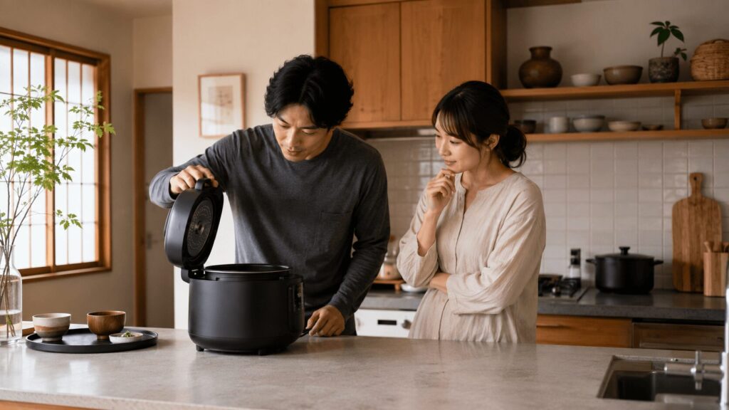オートクッカービストロの使い心地をレンタルで確かめる日本人夫婦のイメージ