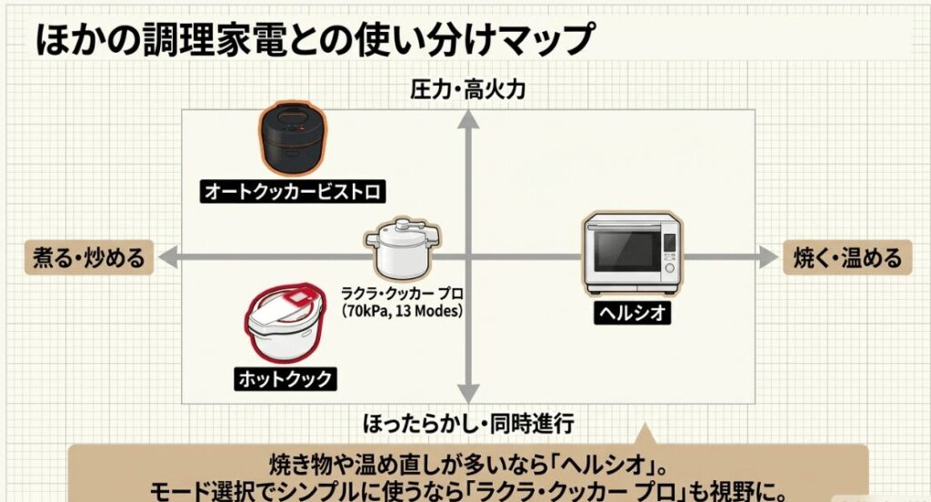 オートクッカービストロ、ホットクック、ヘルシオ、ラクラ・クッカー プロを、圧力・高火力、煮る・炒める、焼く・温めるの役割で比較した図